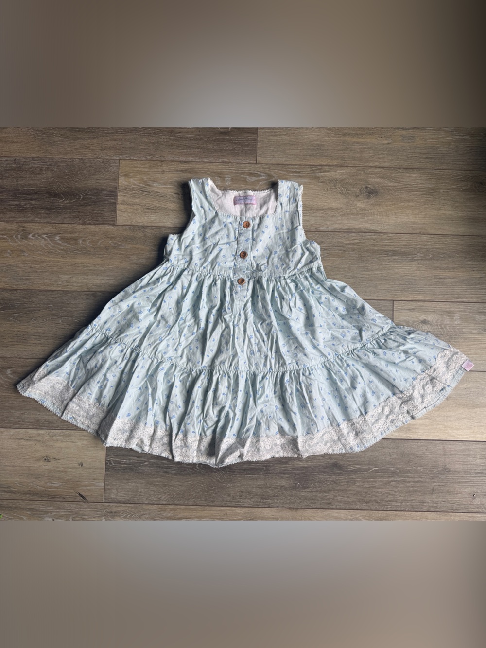 SweetHoney Light Blue Floral Tiered Dress with Lace Trim